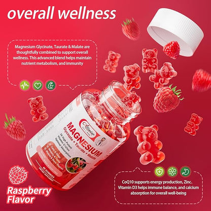 Magnesium Glycinate Gummies,Magnesium Potassium Supplement with Taurate, Malate, Vitamins D, C, B6, Calcium,Body Support,Raspberry Magnesium Gummies for Adults&Kids