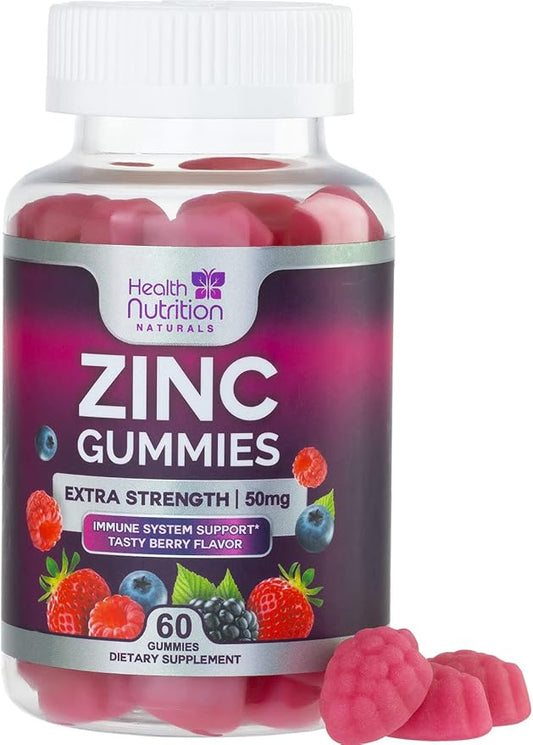 Zinc Gummy for Adults 50mg, Max Strength Bone, Skin Health & Immune Support Gummies, Vegan, Non-GMO & Gluten Free, Immune Health Support, Nature’s Antioxidant Chewable Zinc Vitamins - 60 Gummies
