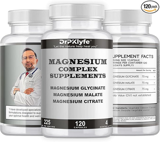 Board Certified Internist's Recommendation: Magnesium Complex Capsule| Glycinate |Malate|Citrate for Optimal Health|225mg, 4 Months Supply for Heart, Muscle & Bone Health - DrPKLyfe
