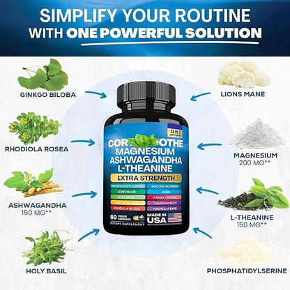 A 𝑪𝒐𝒓𝒕𝒊 𝑺𝒐𝒐𝒕𝒉𝒆 𝑪𝒐𝒓𝒕𝒊𝒔𝒐𝒍 𝑺𝒖𝒑𝒑𝒍𝒆𝒎𝒆𝒏𝒕—Magnesium, L - Theanine & Ashwagandha Blend for Relaxed Mood, Sound Sleep and Enhanced Concentration-1 Pack