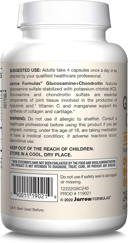 Jarrow Formulas Glucosamine + Chondroitin - 240 Capsules - Nutrient Support of Joint Health - With Vitamin C & Manganese - 60 Servings