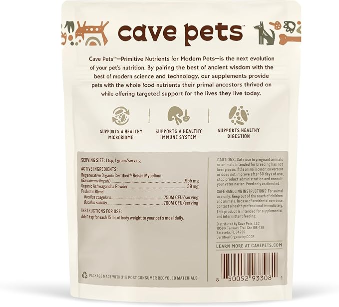 Super Blend Powder, Mushroom Mycelium and Dog Probiotic Supplement for Immunity and Digestive Health Support, Reishi & Probiotics, 90 Servings