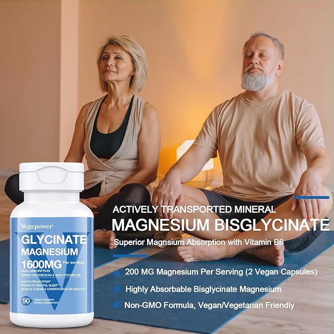 Magnesium Glycinate 200mg with Vitamin B6, 100% Chelated Magnesium Supplements for High Absorption, Magnesium for Sleep, Muscle, Nerve and Bone Health, Gentle On Stomach, Non-GMO, 90 Capsules