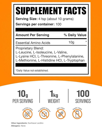 BulkSupplements.com Essential Amino Acids Powder - Essential Amino Acids Supplement, EAA Powder - Unflavored & Gluten Free, 10g per Serving, 1kg (2.2 lbs) (Pack of 1)
