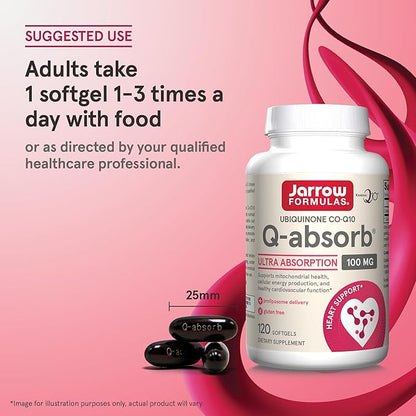 Jarrow Formulas Q-absorb Co-Q10 100 mg, Dietary Supplement, Antioxidant Support for Mitochondrial Health, Cellular Energy Production and Cardiovascular Health, 120 Softgels, 120 Day Supply