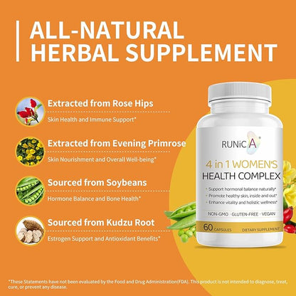 4-in-1 Women's Health Complex | Hormone Balance Vitamins for Women with Soy Isoflavones, Pueraria Mirifica, Evening Primrose, Rosehip | Perimenopause & Menopause Support, 60 Vegan Capsules