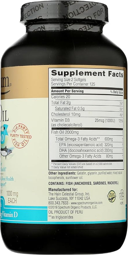 Spectrum Essentials Softgels, Fish Oil with Vitamin D, 1000 mg, 250 Count