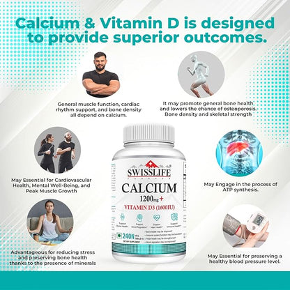 Calcium Carbonate 240 Tablets 1200mg | with Vitamin D3 1600IU| Dietary Tablets with Mineral and Vitamins Help in Bone Health, Muscle Health, Joints Health for Men & Women