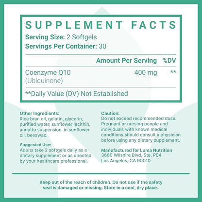 Luma Nutrition CoQ10 400mg Softgels - High-Absorption Coenzyme Q10 - Co Q-10 200mg / 400mg Per Serving - Heart Health - 60 Liquid Softgels