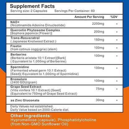 2200mg Liposomal NAD+ Supplement - NAD Supplement for Men and Women, Enhances Cell Energy & Aging Defese, 60 Capsules