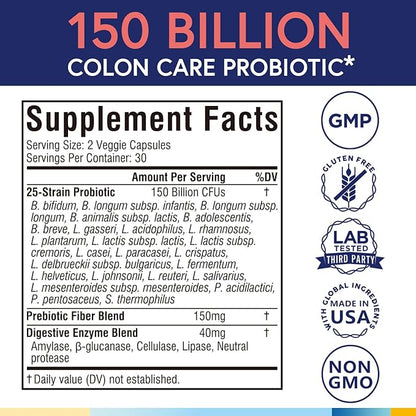Terranics Daily Probiotics for Men & Women, 150 Billion 25 Strains Colon Care Probiotics, with Prebiotics & Enzymes, Healthy Regularity, Delayed Release, Shelf Stable, 60 Veggie Caps