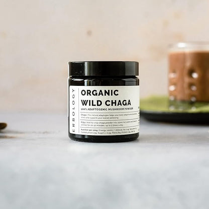 Erbology Organic Chaga Mushroom Powder 50 Servings - 7% Beta-glucans - Immunity Support - Inonotus Obliquus - Small Batch - Sustainably Wild Harvested in Finland - Vegan - Non-GMO - No Added Fillers