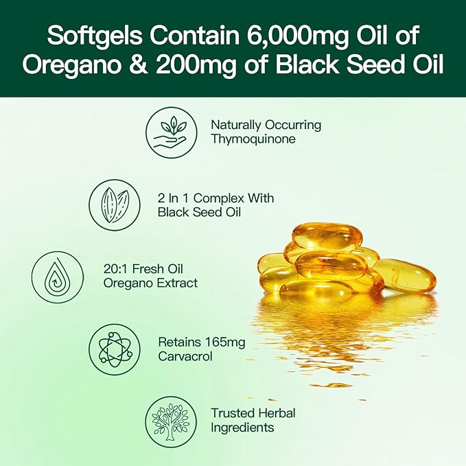 Oil of Oregano Capsules, Balanced Oil of Oregano with Black Seed Oil, Organic Oregano Oil Softgels,Carvacrol,Thymoquinone, Non-GMO