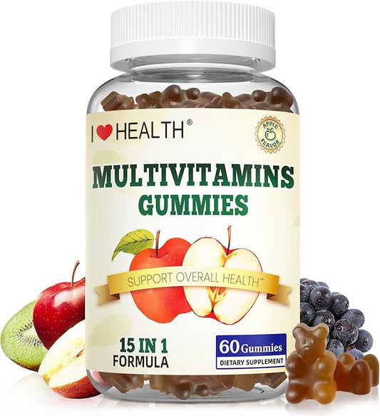 I LOVE HEALTH® 15-in-1 Multivitamin Gummies for Adults & Kids - Enhanced Formula with Vitamin A, C, D3, E, B12, Zinc, Magnesium & More - Apple Flavor - 60 Gummies per Bottle - Made in cGMP Facility