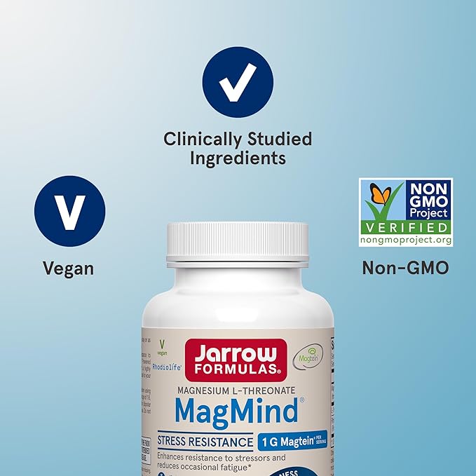 Jarrow Formulas MagMind Stress Resistance with Magtein 1g, L-Theanine and Rhodiolife, Dietary Supplement for Occasional Fatigue and Stress, 60 Veggie Capsules, 30 Day Supply