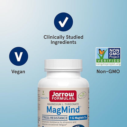 Jarrow Formulas MagMind Stress Resistance with Magtein 1g, L-Theanine and Rhodiolife, Dietary Supplement for Occasional Fatigue and Stress, 60 Veggie Capsules, 30 Day Supply