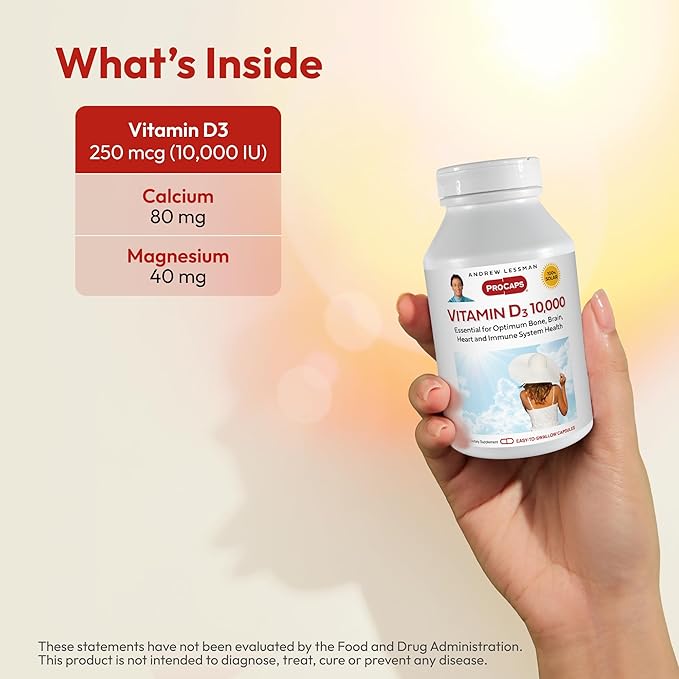 ANDREW LESSMAN Vitamin D3 10,000 IU 60 Capsules - High Potency, Essential for Calcium Absorption, Supports Bone Health, Healthy Muscle Function, Immune System, More. Small Easy to Swallow Capsules