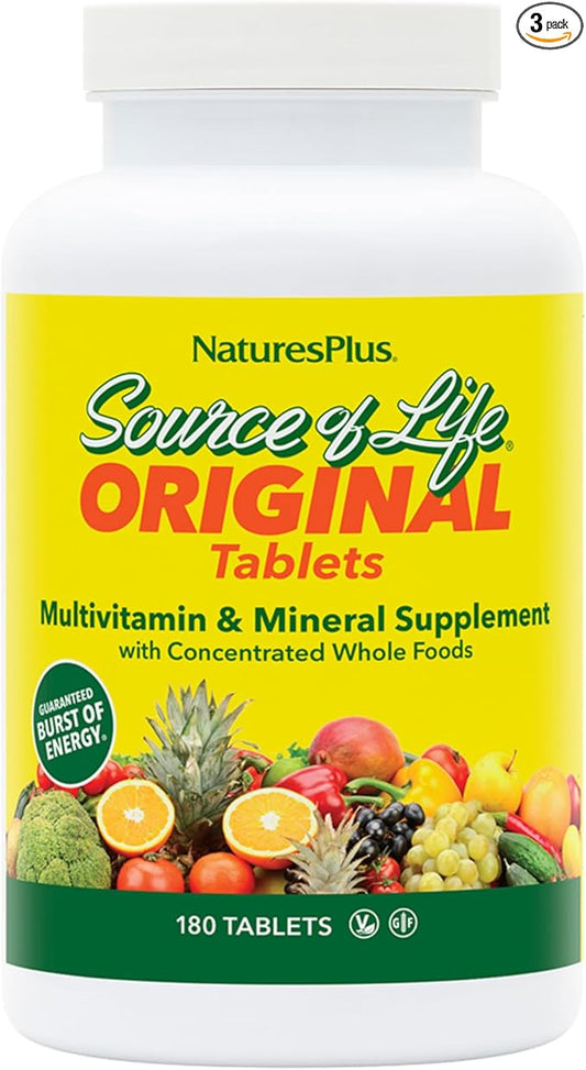 Natures Plus Source of Life - 180 Tablets, Pack of 3 - Multi-Vitamin & Mineral Supplement - Supports Natural Energy & Overall Well-Being - Gluten Free, Vegetarian - 180 Total Servings