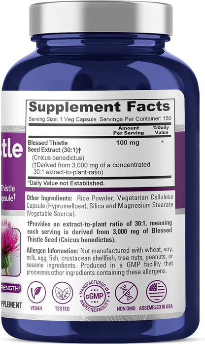 NusaPure Blessed Thistle Seed 30:1 Extract, 100 mg Equivalent to 3,000mg Per Veggie Caps 150 Count (Non-GMO, Vegan)