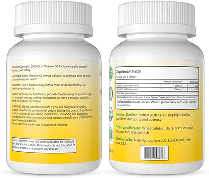 Vitamin D3 5000 IU with K2 100 mcg, 100 Soft-Gels for Healthy Muscle Function, 2 in 1 Support Immune, Optimal Calcium Absorption. Non-GMO, Gluten-Free, Soy-Free, Dairy-Free.