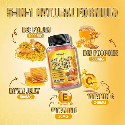 Bee Pollen 1000MG Gummies with 500MG Royal Jelly & Bee Propolis, Sugar Free Bee Pollen Supplement Rich in Vitamin C & E, Vegetarian, Non-GMO, Gluten Free, Support Immunity & Skin Health