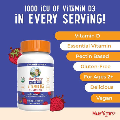 MaryRuth's Organic Vitamin D3 Gummies | 1000 IU | USDA Organic | Immune Support| Bone Health | Muscle Function | for Adults & Kids Ages 2+ | Vegan | Gluten Free | 2 Month Supply | 60 Count
