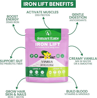 Smart Eats - High Iron Drink & Smoothie Powder with Protein, Vitamins, Fiber, Antioxidants | Support Energy, Hair, Brain, Blood | Gentle, Non-Constipating | Vegan, Keto | Vanilla Flavor | 30 Scoops