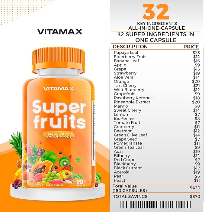 Super Fruit and Vegetable Supplements – Whole Superfood Vitamins & Minerals – 90 Veggie and 90 Fruit Capsules for Women, Men, and Kids - Soy Free – Made in The USA