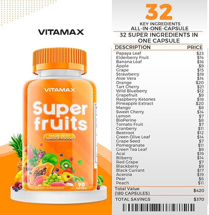 Super Fruit and Vegetable Supplements – Whole Superfood Vitamins & Minerals – 90 Veggie and 90 Fruit Capsules for Women, Men, and Kids - Soy Free – Made in The USA