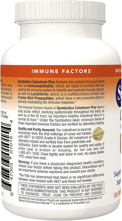 Symbiotics Colostrum 120ct Chewables Plus - Immunity Support for Adult & Kids - Lactoferrin Supplement & Colostrum Protein - Supports Digestion & Gut - 25% lgG Antibodies, Gluten Free - Orange Creme