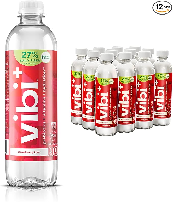 Vibi+ Strawberry Kiwi Prebiotic Water - Digestive Health Support - Sugar Free High Fiber Flavored Drink - Keto, Vegan, Healthy, Low Carb - 16.9 fl oz - Pack of 12