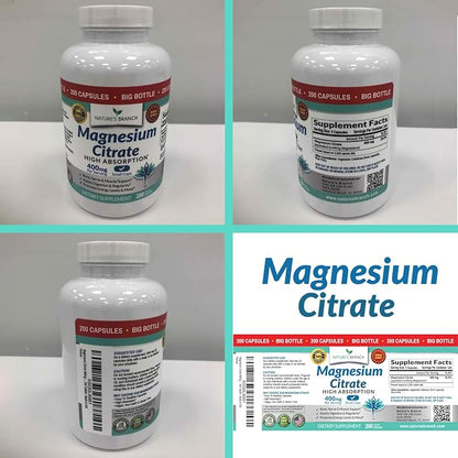 Magnesium Citrate 400mg - 200 Capsules - High Potency for Sleep, Leg Cramps, Extra Strength Absorption, Easy to Swallow Pills for Women & Men, Vegan Supplement Not Tablets - Made in USA