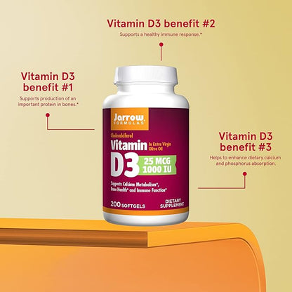Jarrow Formulas® Vitamin D3 25 mcg, Dietary Supplement, Bone and Joint, Support for Immune Health and Calcium Metabolism, 200 Softgels, 200 Day Supply