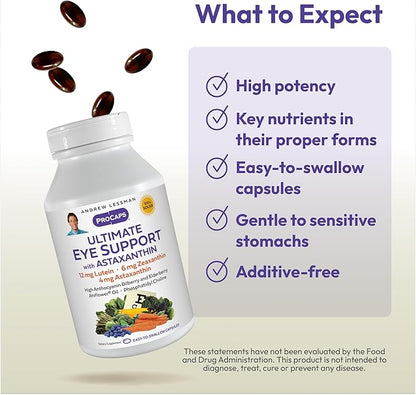 ANDREW LESSMAN Ultimate Eye Support with Astaxanthin 180 Softgels - 12mg Lutein, 6mg Zeaxanthin, 4mg Astaxanthin, Bilberry. Key Nutrients to Support Eye Health, Promote Healthy Vision. No Additives