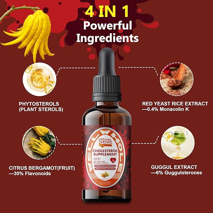 Cholesterol Support Liquid Drops | Plant Sterols & Red Yeast Rice Tincture | Bergamot & Guggul Extract | Heart Health Formula with Enhanced Absorption | Vegan, Non-GMO, 2 Fl Oz