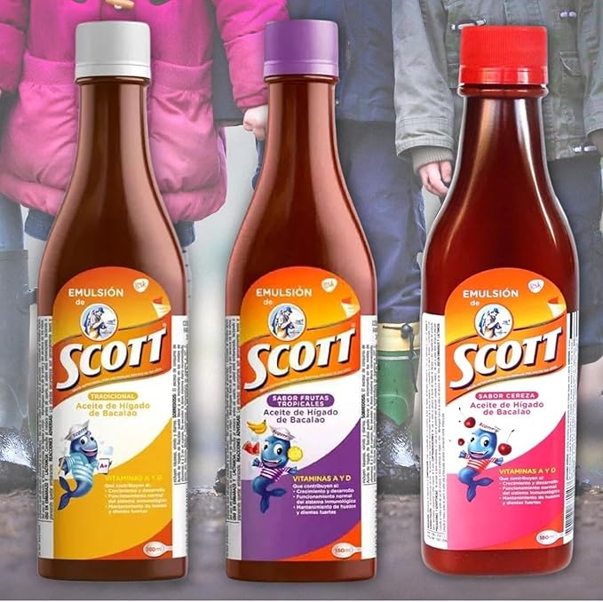 Yahve - Emulsion de Scott Aceite de hígado de bacalao sabor Cereza - Pack de 2 de 6.1 fl oz - 180 ml - Suplemento dietético para niños con vitamina A y Calcio.