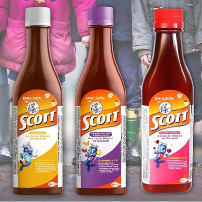 Yahve - Emulsion de Scott Aceite de hígado de bacalao sabor Cereza - Pack de 2 de 6.1 fl oz - 180 ml - Suplemento dietético para niños con vitamina A y Calcio.