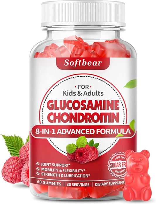 softbear Glucosamine Chondroitin Gummies Sugar Free, Extra Strength Glucosamine Chondroitin Supplement for Natural Joint Support, Raspberry Flavored 60 Count