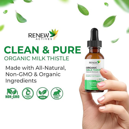 Renew Actives Milk Thistle Liquid Extract 110MG per 2ML – Liver Support Drops for Optimal Health – No Alcohol, Non-GMO, Vegan – Supports Liver Function & Digestive Health – Made in Canada – 4 fl oz