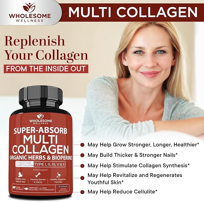 Wholesome Wellness Super-Absorb Multi Collagen Pills (Type I II III V X) Organic Herbs & Bioperine - Hair, Skin, Nails, Joints - Hydrolyzed Peptides Protein Supplement for Women & Men (90 Capsules)