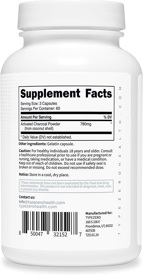 Type Zero Activated Charcoal Capsules (180 Count) - 60 Servings, 780mg Per Serving, from Coconut Shell, Non-GMO, Gluten-Free