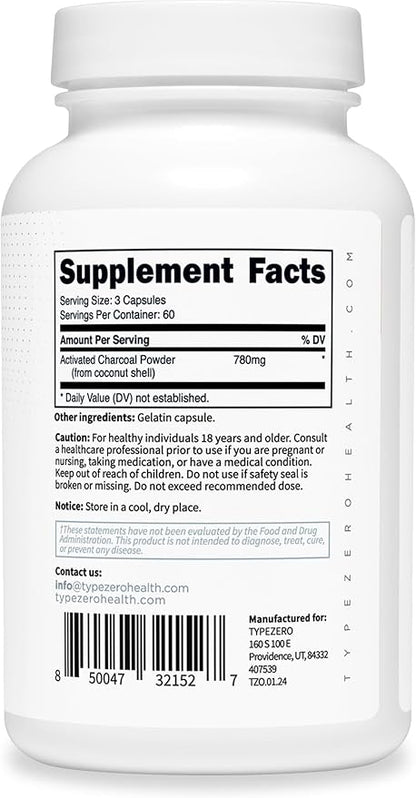 Type Zero Activated Charcoal Capsules (180 Count) - 60 Servings, 780mg Per Serving, from Coconut Shell, Non-GMO, Gluten-Free