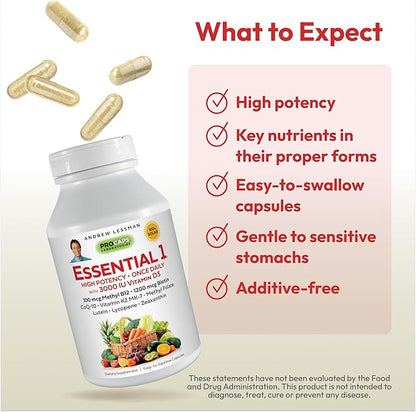 ANDREW LESSMAN Essential-1 Multivitamin 3000 IU Vitamin D3 60 Small Capsules - 100 mcg Methyl B12. CoQ10 Lutein Lycopene Zeaxanthin. High Potency. No Additives. Ultra-Mild. One Daily Capsule