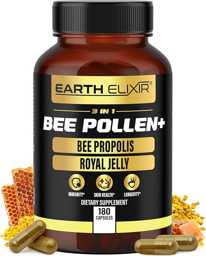 3-in-1 Bee Pollen Organic 840mg (180 Caps) W/ 840mg Bee Propolis Capsule & 840mg Royal Jelly Capsule - 3rd Party Tested - Bee Pollen Supplement - Organic Bee Pollen Capsule -No Fillers