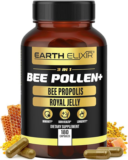 3-in-1 Bee Pollen Organic 840mg (180 Caps) W/ 840mg Bee Propolis Capsule & 840mg Royal Jelly Capsule - 3rd Party Tested - Bee Pollen Supplement - Organic Bee Pollen Capsule -No Fillers