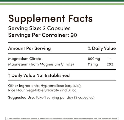 Magnesium Citrate 800mg, 180 Capsules, Digestion & Constipation Support, Vegan Safe, Non-GMO, Double Wood Supplements