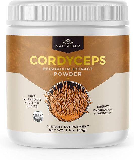Naturealm Cordyceps Mushroom Powder - Organic Mushroom Extract for Focus, Energy & Mental Clarity - 100% Mushroom Fruiting Bodies - Cordyceps Militaris Supplement (60 Servings)