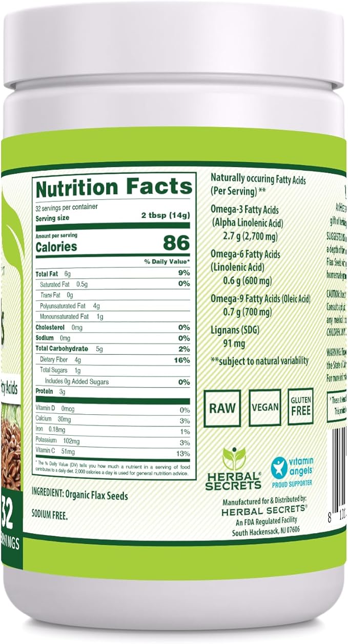 Herbal Secrets Organic Whole Flax Seeds Supplement | 454 G | 14 G Per Serving | Raw Vegan | Non-GMO | Gluten-Free | Made in USA