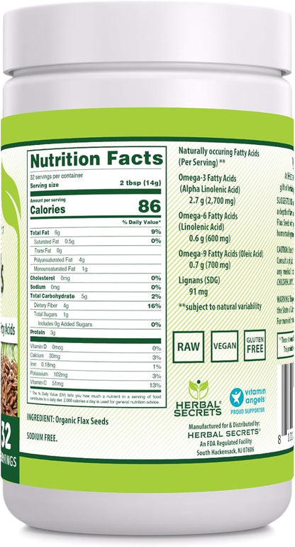 Herbal Secrets Organic Whole Flax Seeds Supplement | 454 G | 14 G Per Serving | Raw Vegan | Non-GMO | Gluten-Free | Made in USA