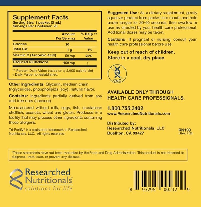Researched Nutritionals Liposomal Glutathione (450mg) Liquid Gel + Vitamin C - Tri-Fortify - Aid Natural Energy, Immune Support & Detox - Clinically Researched for Absorption, Orange (20 Packets)